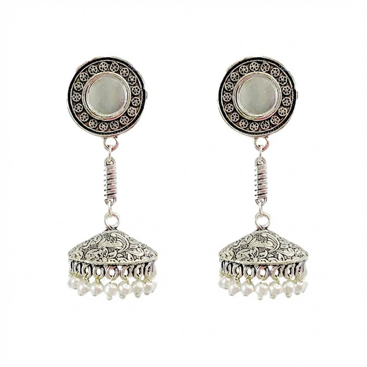 Casual Wear Oxidised Jhumkas with Mirror & Hanging Pearls