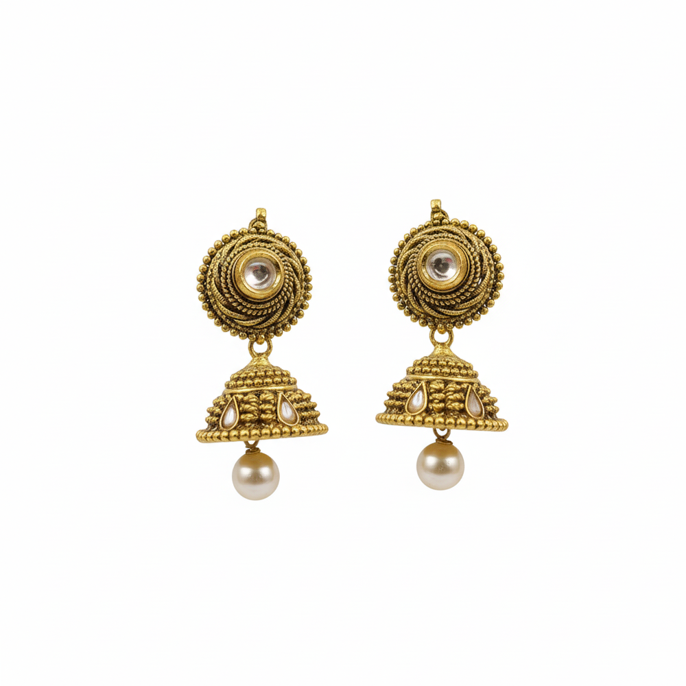 Kundan Stone Antique Jhumka with Hanging Pearls