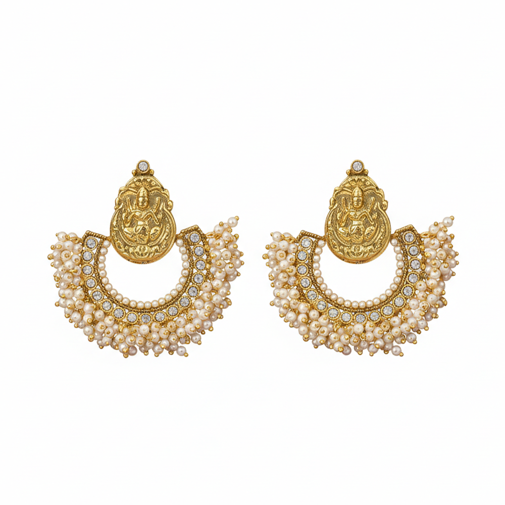Lakshmi Hanging Pearls Chandbali with Kundan Stones