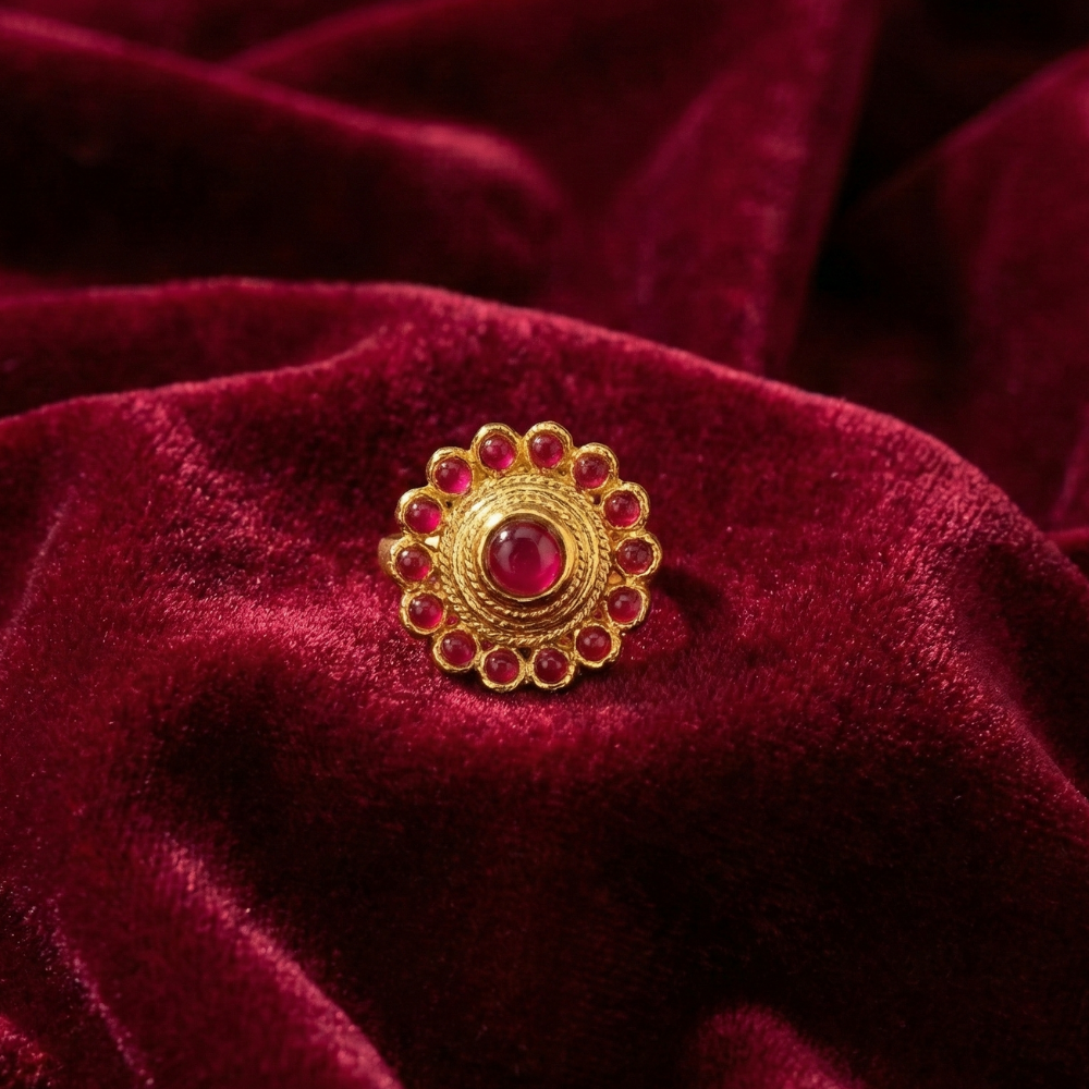 Red Kemp Stone Flower Finger Ring