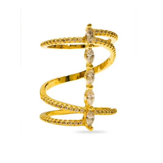 Golden Finger Ring With Spiral Design with White Stones