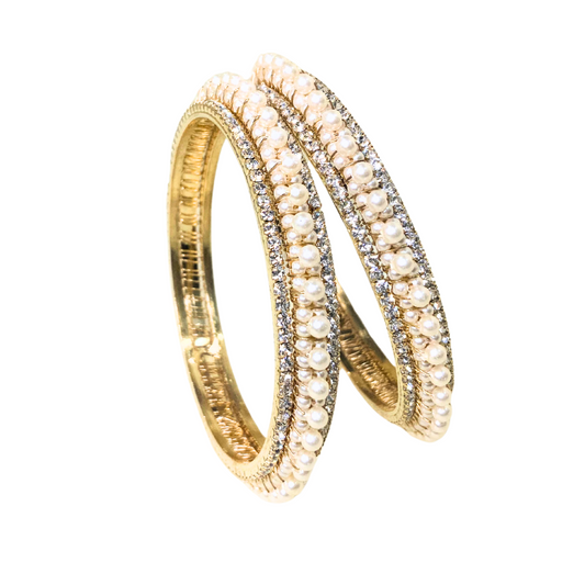 Gold Plated Pearl Bangles With White Stones