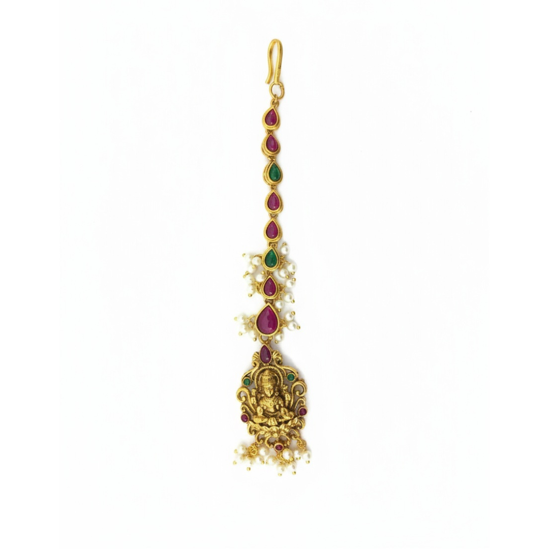 Gold Plated Maang Tikka With Lakshmi Design - Red Green Stones with Pearls