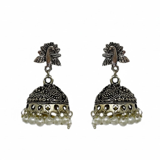 Peacock Stud Oxidised Jhumkas with White Pearls