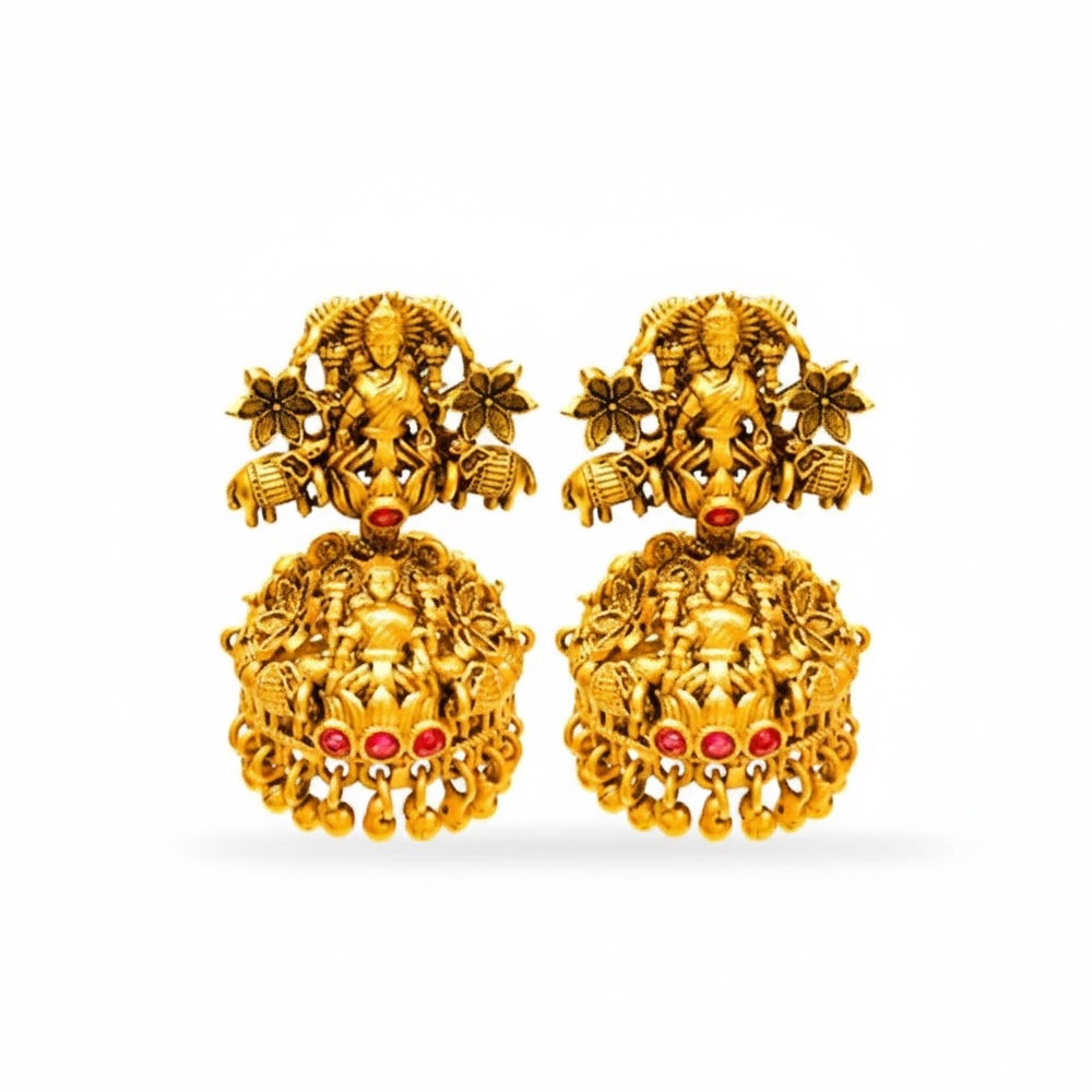 Lakshmi Stud with Hanging Beads Red Stone Jhumka