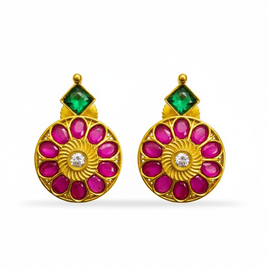 Gold Plated Studs With Green Diamond And Red Stones