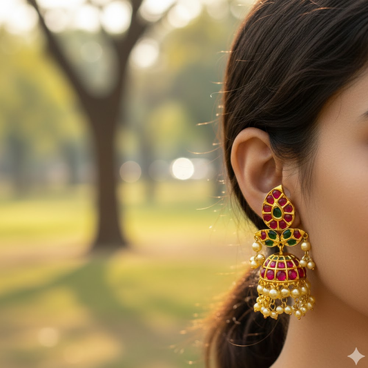Gold Plated Jhumkas With Golden Peacock And Beads