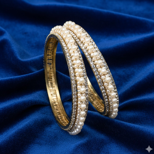 Gold Plated Pearl Bangles With White Stones