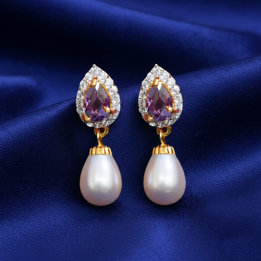 Purple Thilak with White Stones Studs with Hanging Pearls