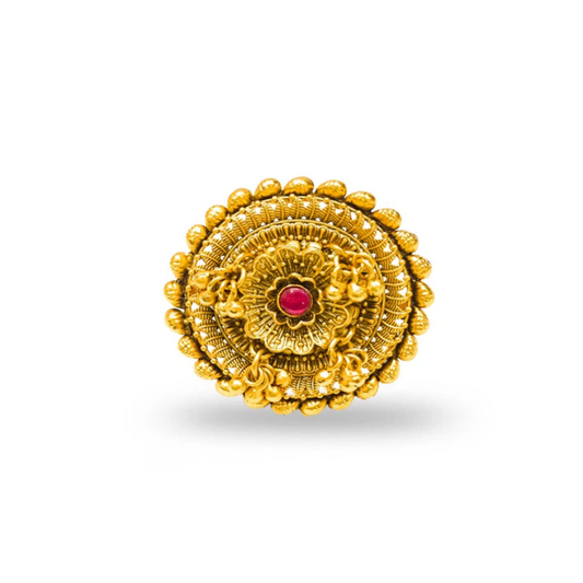 Finger Ring With Golden Beads And Pink Stone