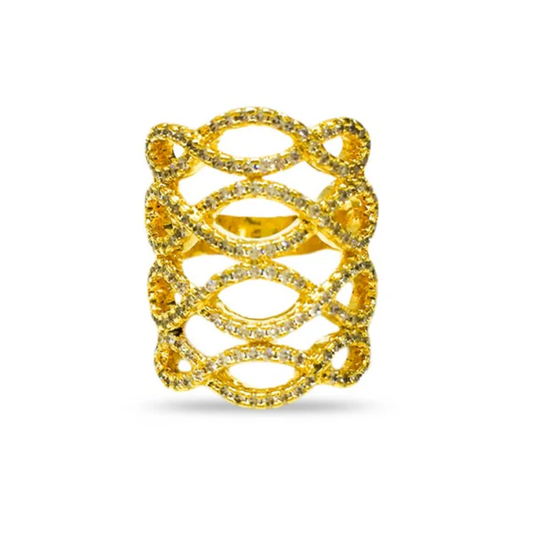 Gold Swirls Finger Ring With White Stones
