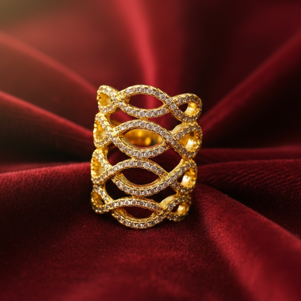 Gold Swirls Finger Ring With White Stones