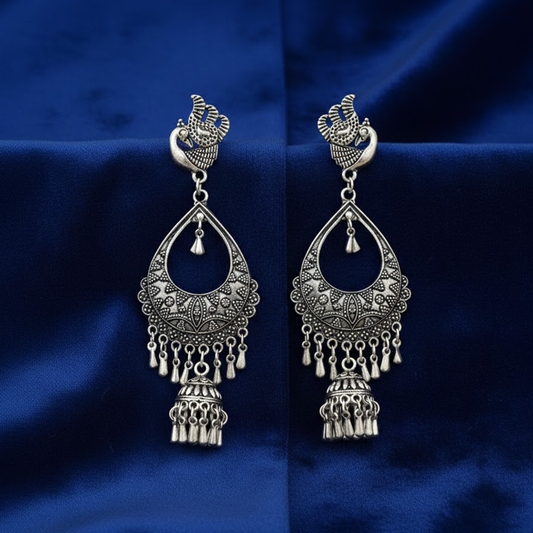 Multiple String Chandbali Type Peacock Stud Oxidised Jhumka