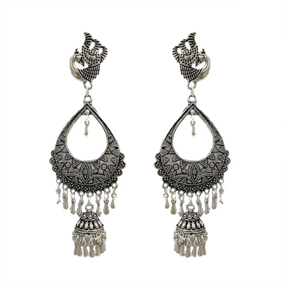 Multiple String Chandbali Type Peacock Stud Oxidised Jhumka