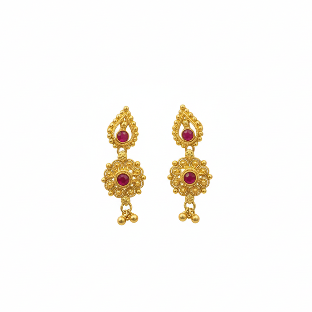Gold Plated Bead Drops with Red Stones