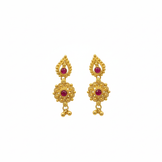 Gold Plated Bead Drops with Red Stones