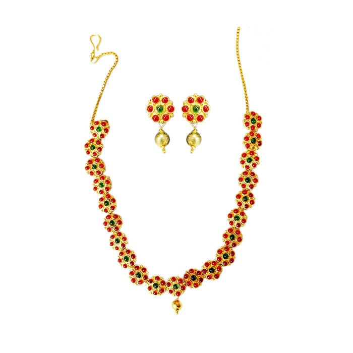Gold plated choker necklace flower design red stone with gold bead