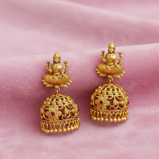 Lakshmi Stud Jhumkas with Red Stones & Flowers