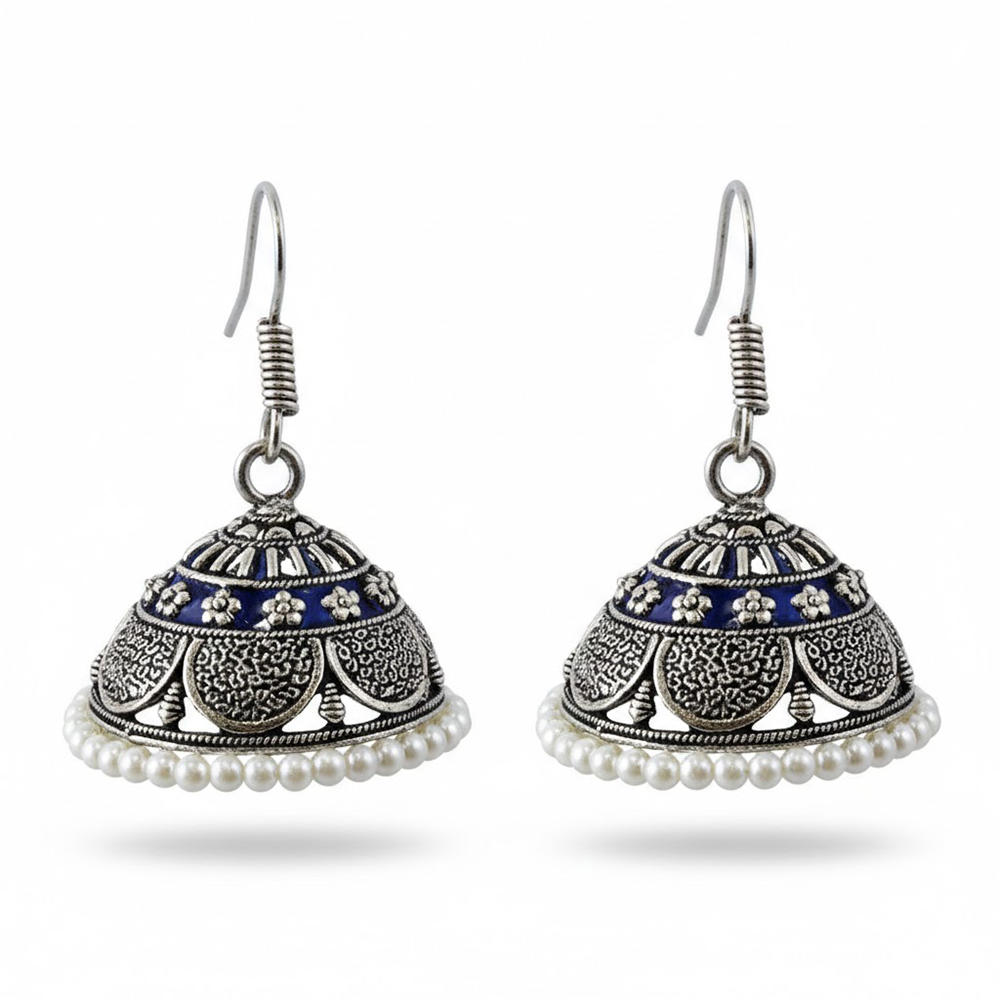 Casual Daily Wear White Pearls Oxidised Jhumka