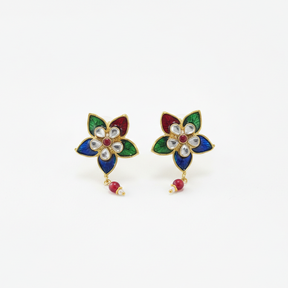 Sparkling Green & Red Flower Studs with Hanging Bead