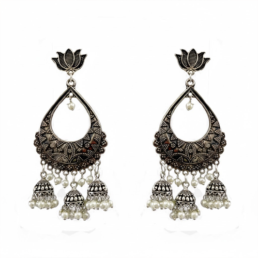 White Beads Oxidised Chandbali Pattern Oxidised Earring