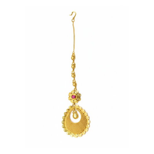 Gold plated maang tikka with oval flower red stone