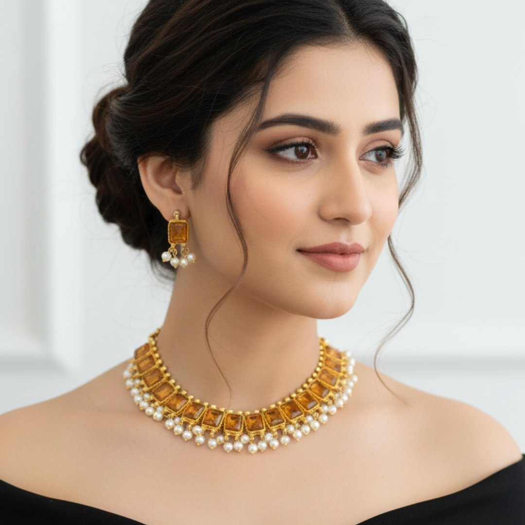 Gold Plated Big Box Necklace Artificial Yellow Stones Necklace