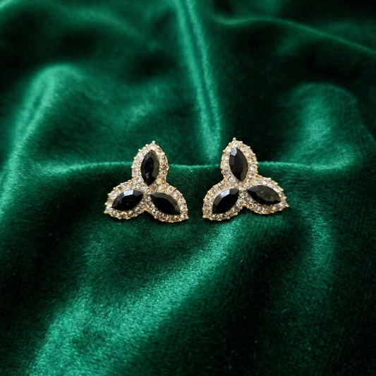 Three Leaf Black and White Stones Flower Studs