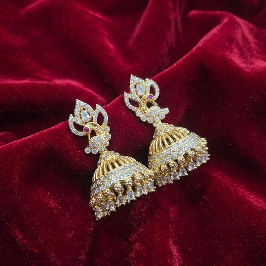 White Stones Bird Stud Jhumka with Handing Beads