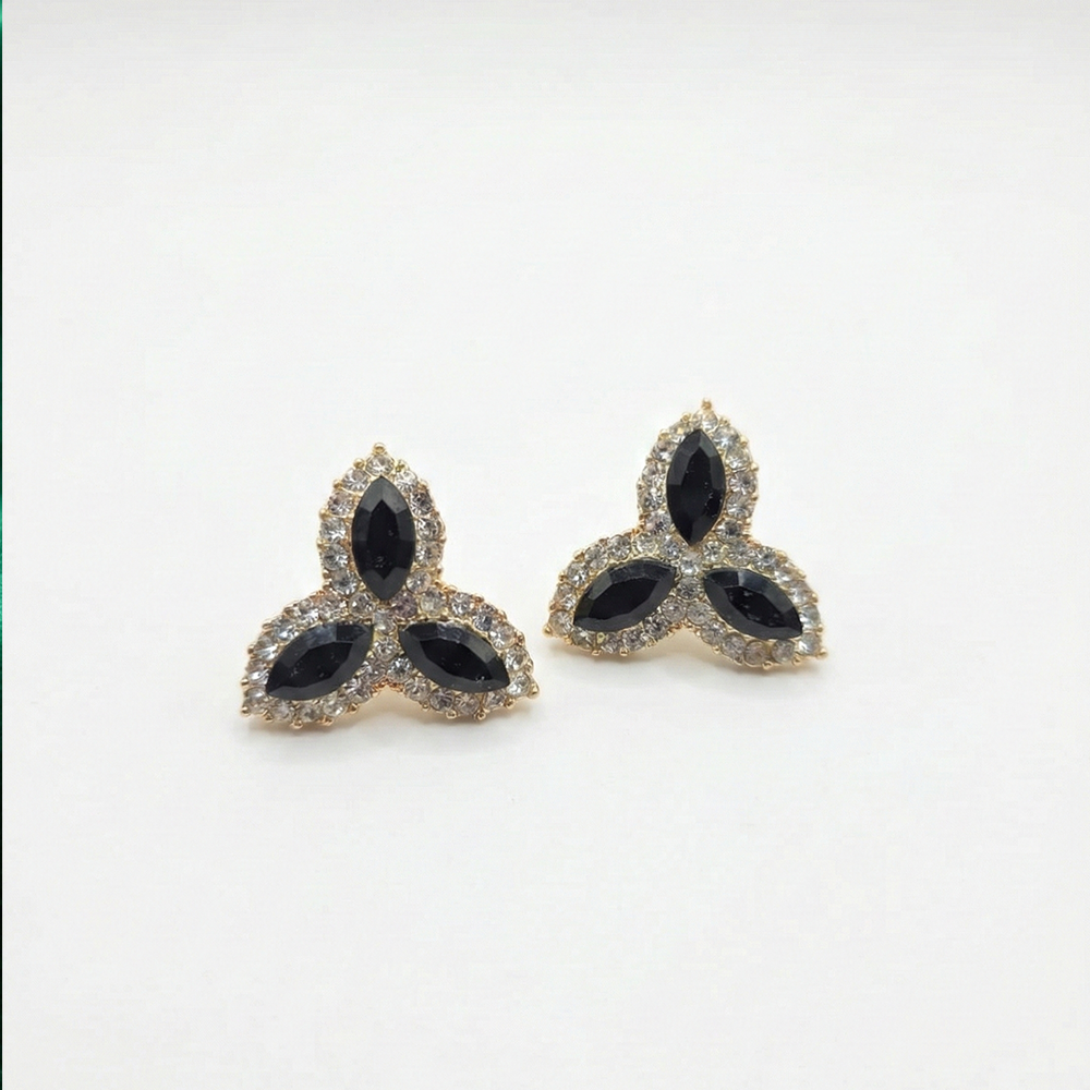 Three Leaf Black and White Stones Flower Studs