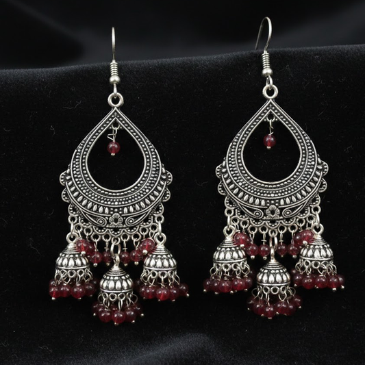 Oxidised Three Hanging Jhumkas with Red Beads