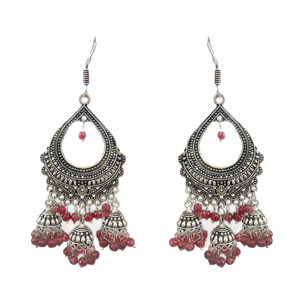 Oxidised Three Hanging Jhumkas with Red Beads