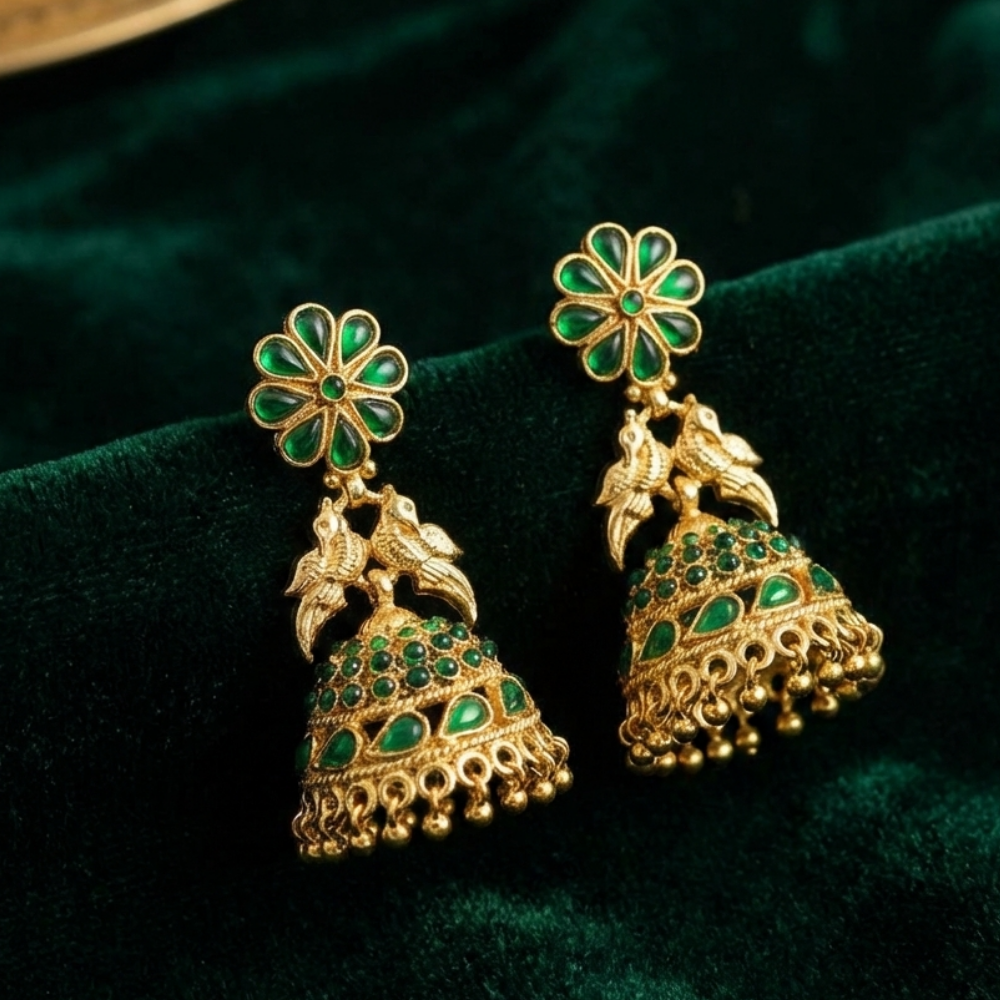 Gold Plated Jhumka With Bird Design And Green Stones