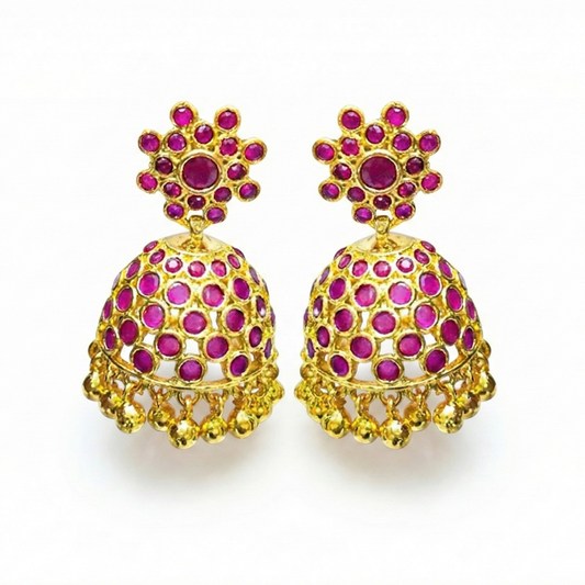 Jhumkas with Pink Stones and Hanging Golden Beads