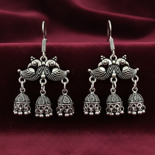 Double Peacock Three Jhumka Hanging Earring