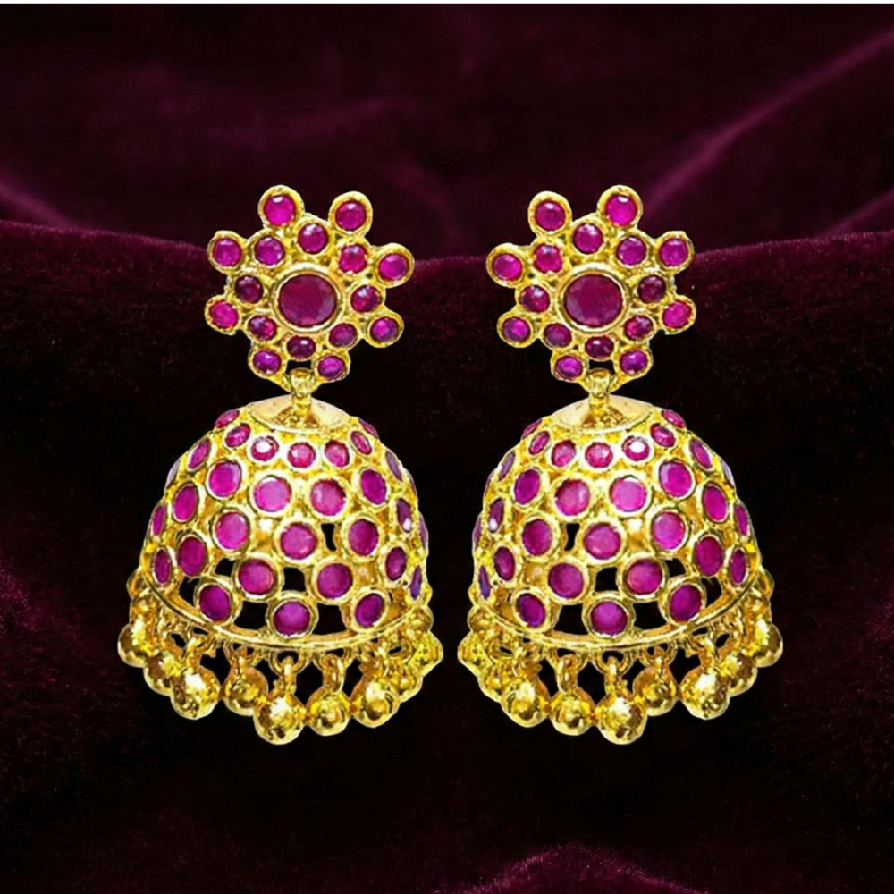 Jhumkas with Pink Stones and Hanging Golden Beads