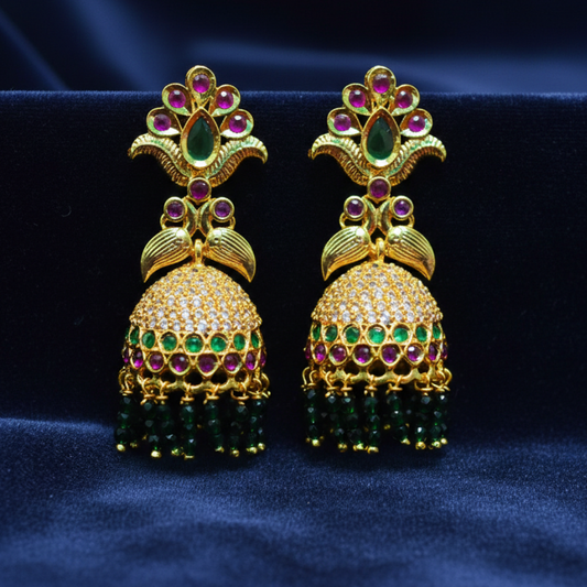 Gold Plated Jhumkas with Multi Color Stones & Hanging Beads