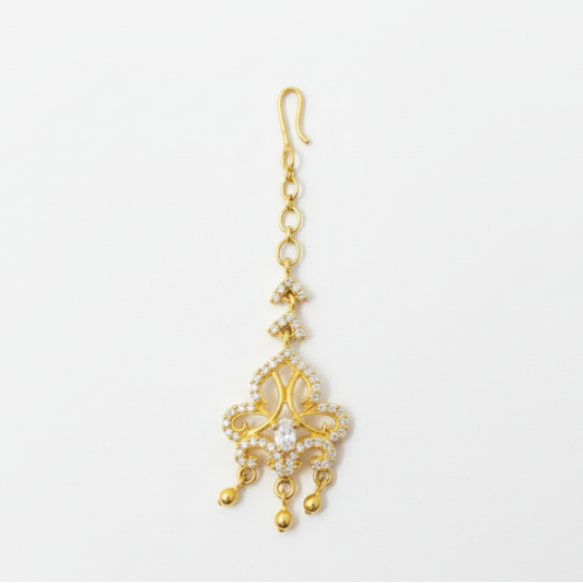 Gold plated maang tikka with double leaf white stone