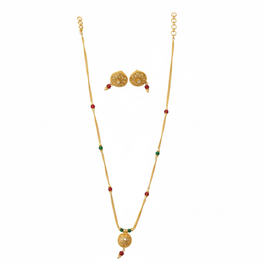 Small Circular Pendant Chain with Red & Green Beads