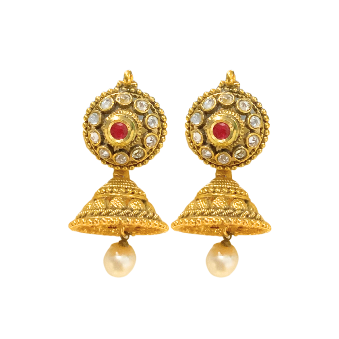 Gold plated round jhumka with red white stone and white pearl