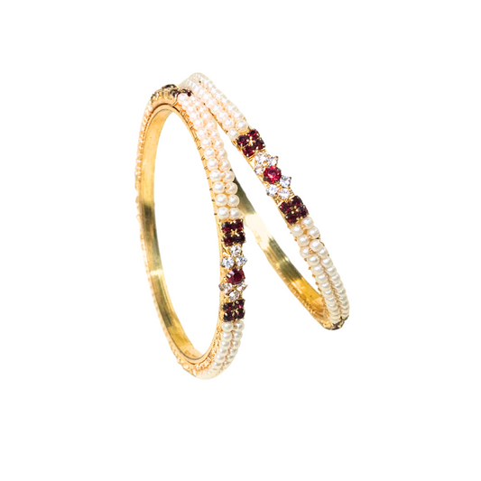Gold Plated Pearl Bangles With White Stones
