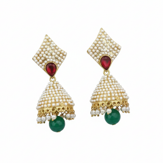 Pearl Jhumka with Red Stones & Hanging Green Beads