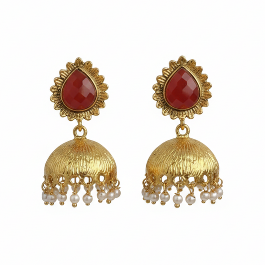 Antique Jhumka with Red Thilak Stone & Hanging Pearls