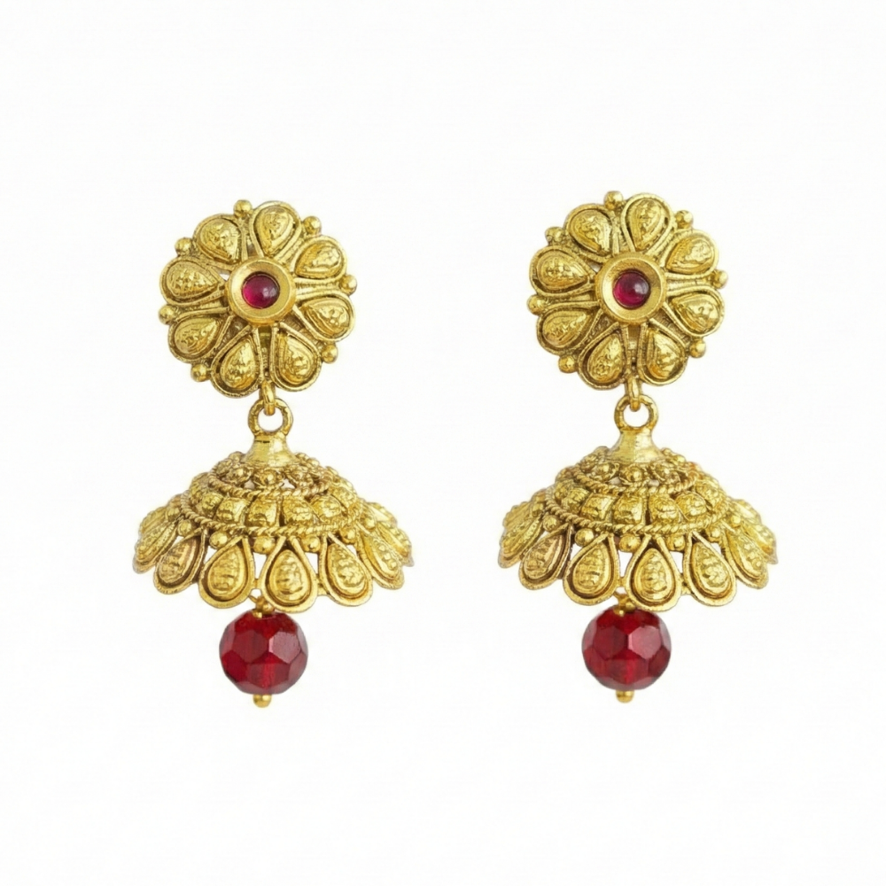 Gold Plated Red Stone Flower Design Jhumka