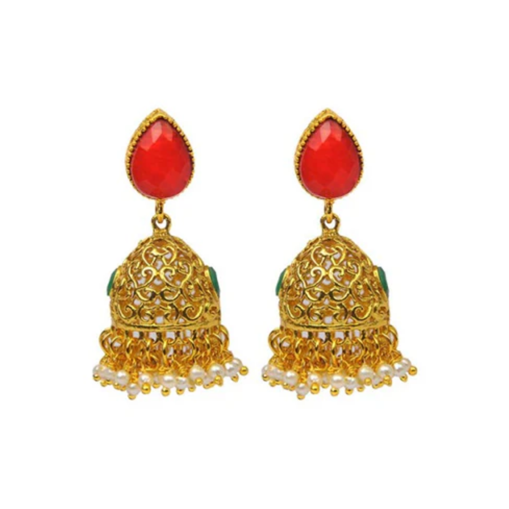 Golden Jhumka With Big Red Stone & White Pearls