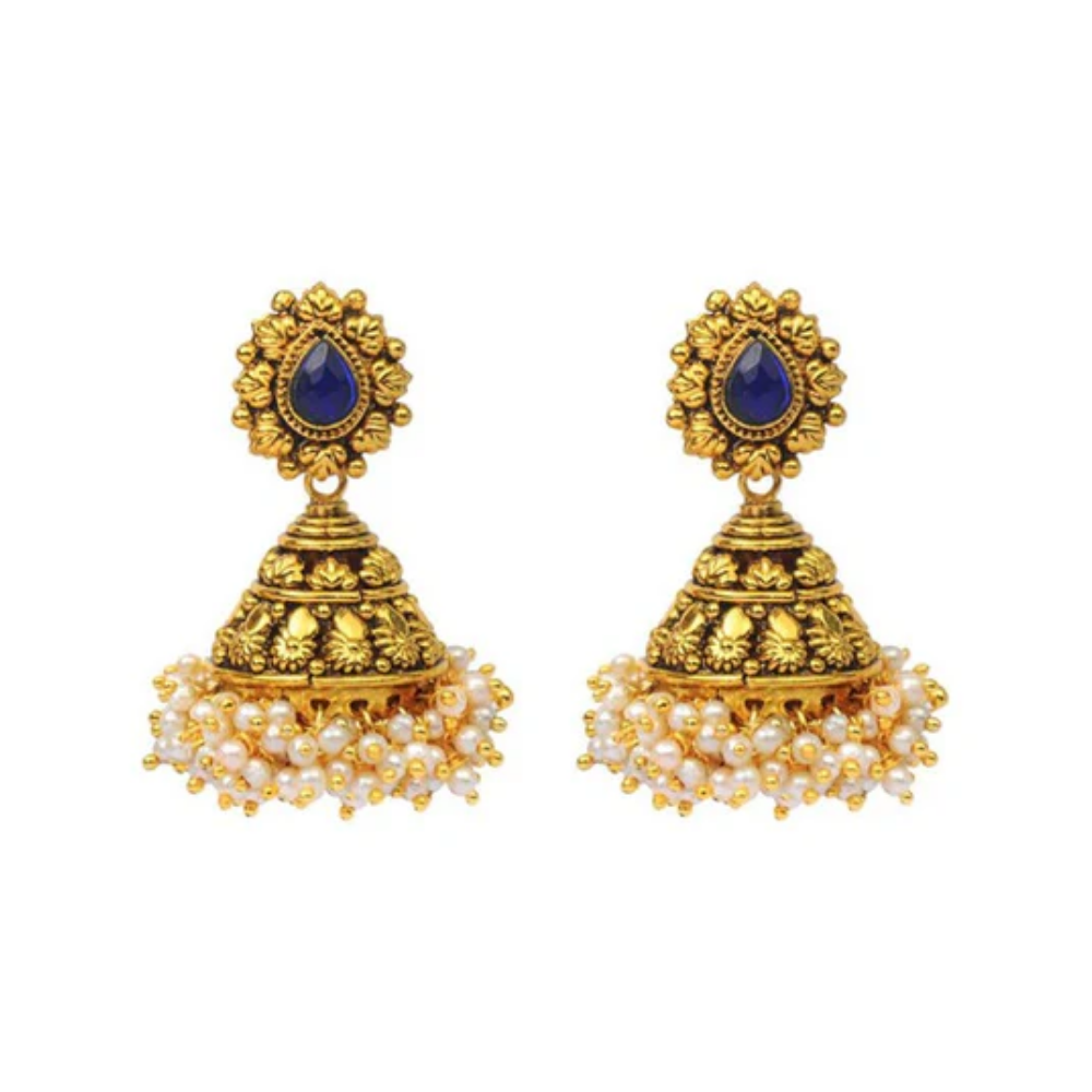 Golden Jhumka With Blue Stone And Small White Pearls