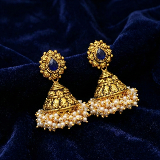Golden Jhumka With Blue Stone And Small White Pearls