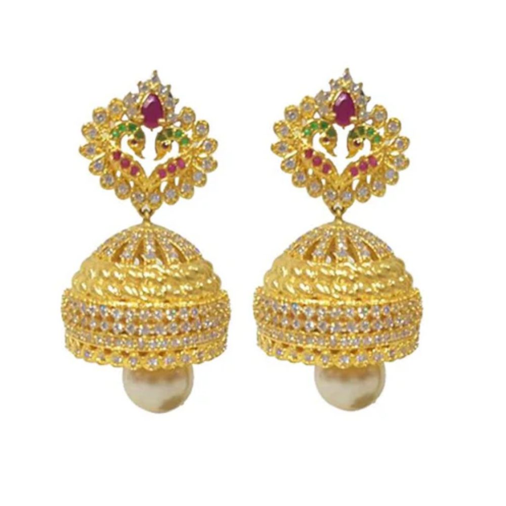 Golden Peacock Jhumka With Green, Pink & White Stones