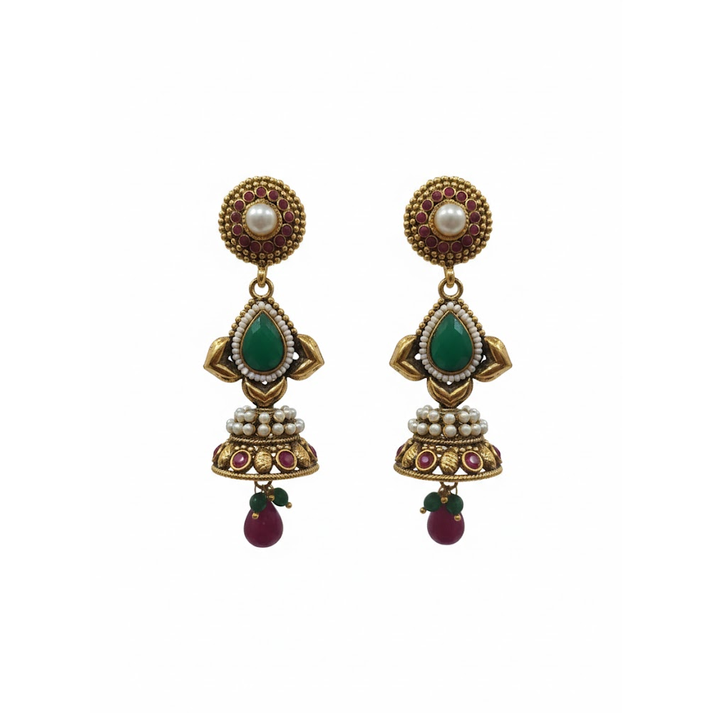 Antique Red & Green Stone Jhumka