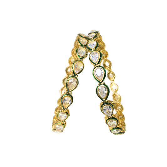 Gold Plated Pearl Bangles With White & Green Stones